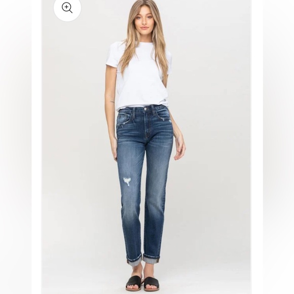 Flying Monkey Denim - Flying Monkey Cuffed Stretch Boyfriend Jean Dark Wash size 28